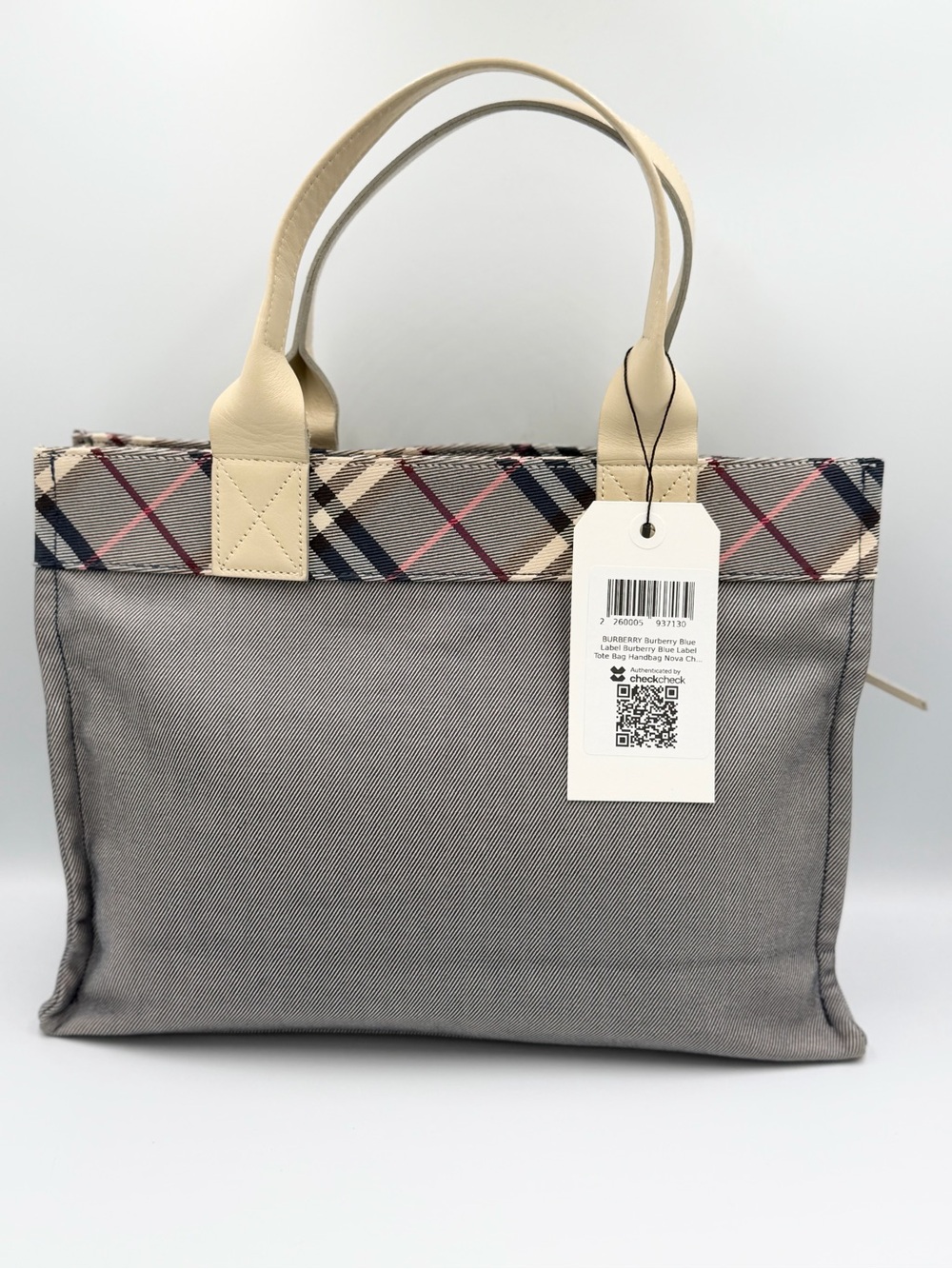 Burberry Gray Canvas Tote with Beige Leather Handles and Check Trim